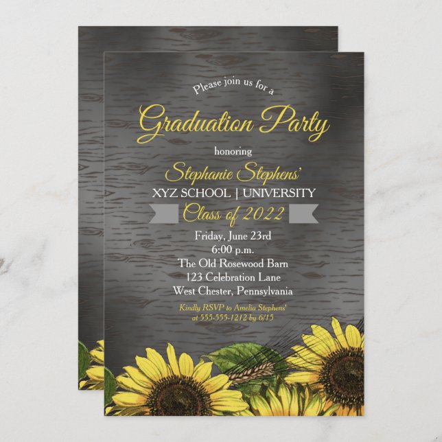 Vintage Woodsy Sunflower | Wood Graduation Party Invitation (Front/Back)