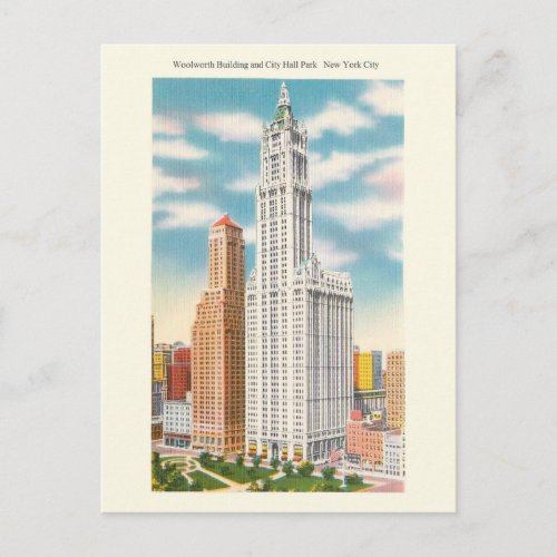 Vintage Woolworth Bldg and City Hall Park Postcard