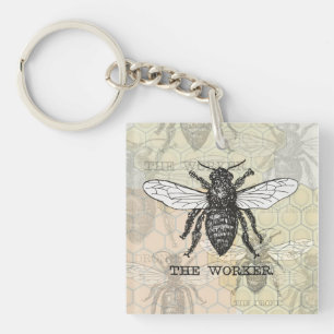 Vintage Worker Bee Illustration Art Keychain