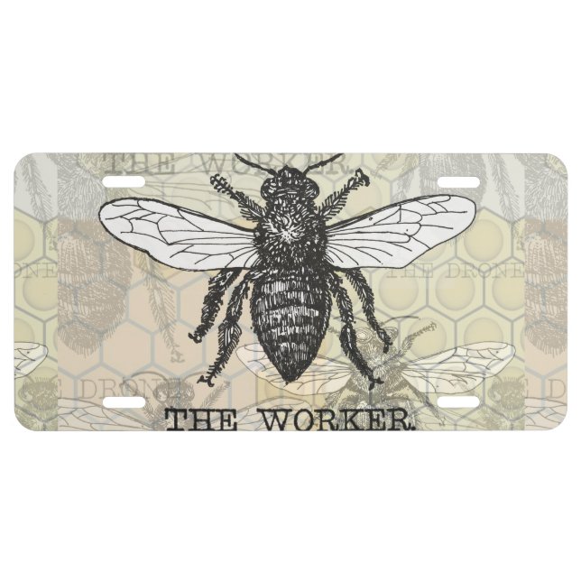 Vintage Worker Bee Illustration Art License Plate (Front)