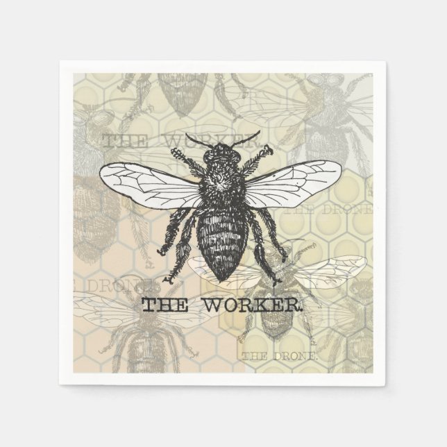 Vintage Worker Bee Illustration Art Paper Napkins (Front)