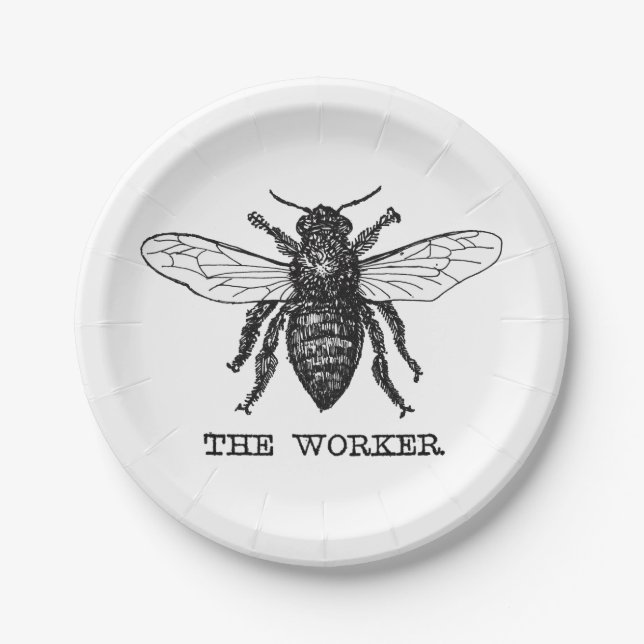 Vintage Worker Bee Illustration Art Paper Plates (Front)