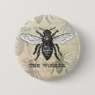 Vintage Worker Bee Illustration Art Pinback Button