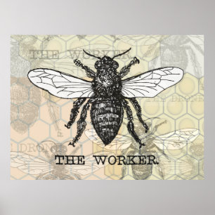 Vintage Worker Bee Illustration Art Poster