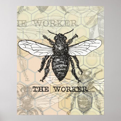 Vintage Worker Bee Illustration Art Poster