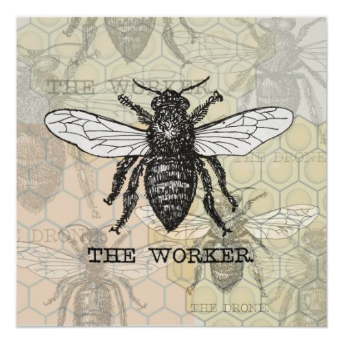 Vintage Worker Bee Illustration Art Poster