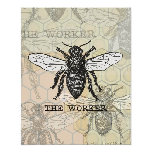 Vintage Worker Bee Illustration Art Poster