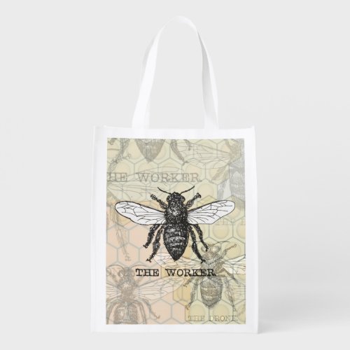 Vintage Worker Bee Illustration Art Reusable Grocery Bag
