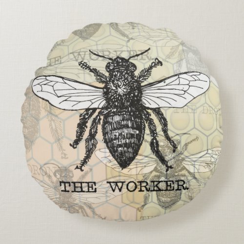 Vintage Worker Bee Illustration Art Round Pillow