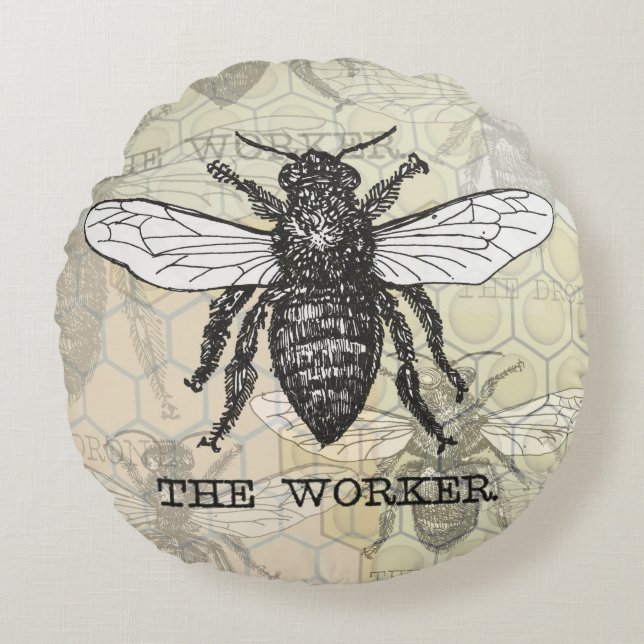 Vintage Worker Bee Illustration Art Round Pillow (Front)