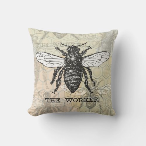 Vintage Worker Bee Illustration Art Throw Pillow