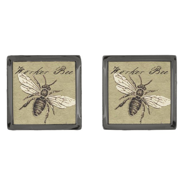 Vintage Worker Bee Insect Illustration Antique Cufflinks (Front)