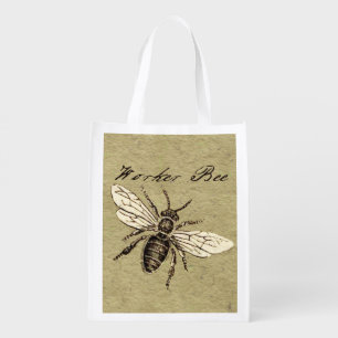 Vintage Worker Bee Insect Illustration Antique Reusable Grocery Bag
