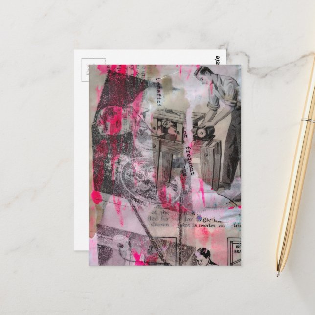 Vintage Working Men Hot Pink Black White Postcard (Front/Back In Situ)