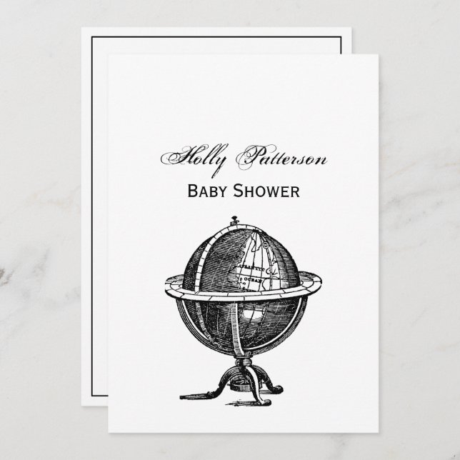 Vintage World Globe Lithograph Drawing BW Invitation (Front/Back)