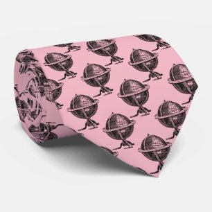Vintage World Globe Lithograph Drawing BW Neck Tie