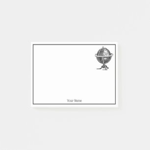 Vintage World Globe Lithograph Drawing BW Post-it Notes