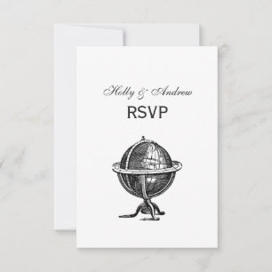 Vintage World Globe Lithograph Drawing BW RSVP Card