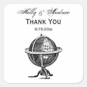 Vintage World Globe Lithograph Drawing BW Square Sticker