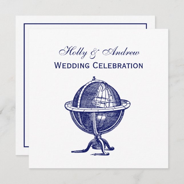 Vintage World Globe Lithograph Drawing Navy Invitation (Front/Back)