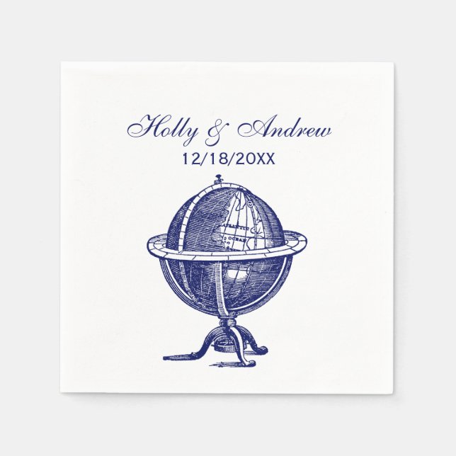 Vintage World Globe Lithograph Drawing Navy Napkins (Front)