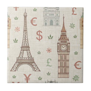 Vintage World Landmarks Travel Sketch Ceramic Tile