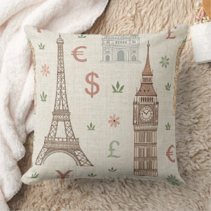 Vintage World Landmarks Travel Sketch Throw Pillow