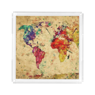 Vintage world map acrylic tray