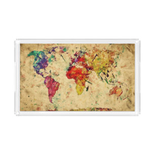 Vintage world map acrylic tray