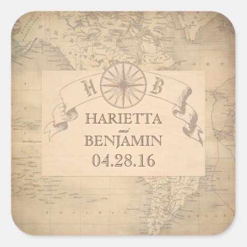 Vintage World Map Adventure and Travel Wedding Square Sticker - Vintage world map old and beautiful wedding seals