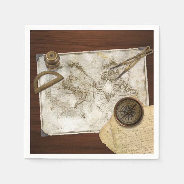 Vintage World Map And Tools Paper Napkins (Front)
