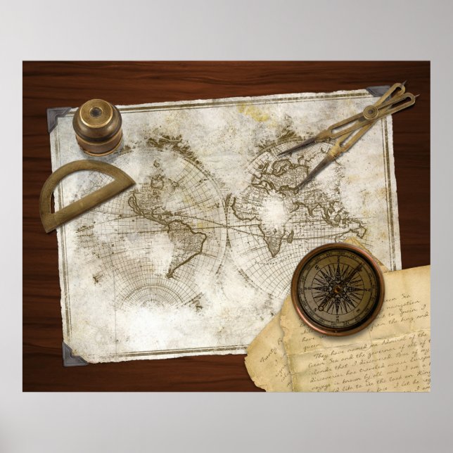 Vintage World Map And Tools Poster (Front)