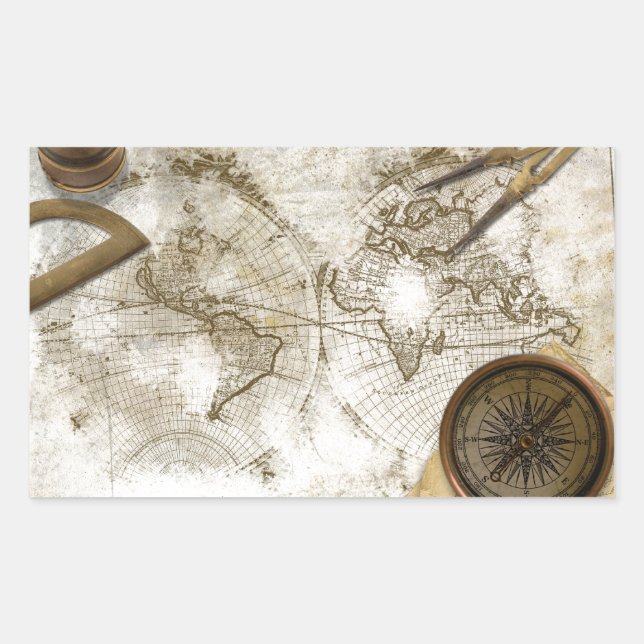 Vintage World Map And Tools Rectangular Sticker (Front)