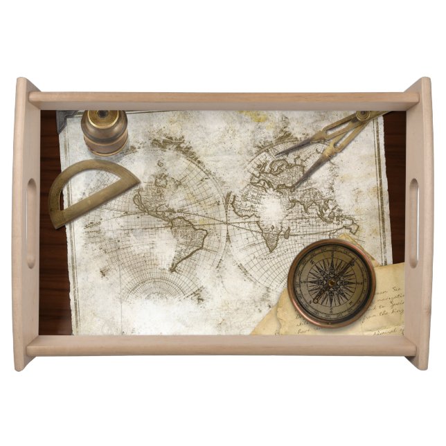 Vintage World Map And Tools Serving Tray (Front)
