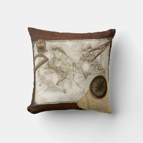 Vintage World Map And Tools Throw Pillow