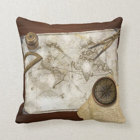Vintage World Map And Tools Throw Pillow