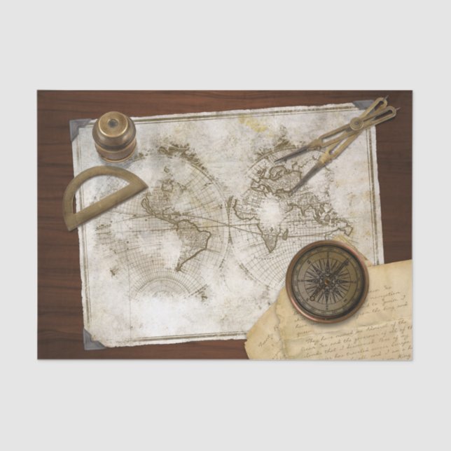 Vintage World Map And Tools Tissue Paper (Front)