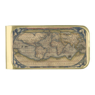 Vintage World Map Antique Atlas Gold Finish Money Clip