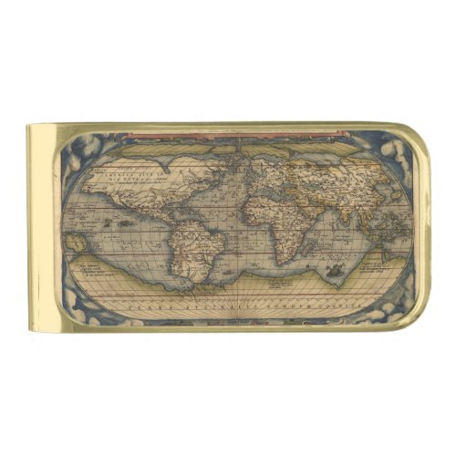 Vintage World Map Antique Atlas Gold Finish Money Clip