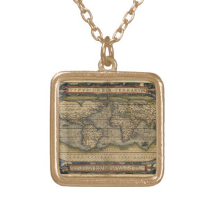 Vintage World Map Atlas Historical Design Gold Plated Necklace