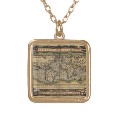 Vintage World Map Atlas Historical Design Gold Plated Necklace