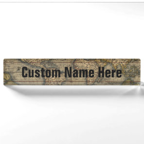 Vintage World Map Atlas Historical Desk Name Plate