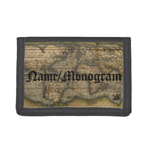 Vintage World Map Atlas Monogrammed Leather Trifold Wallet