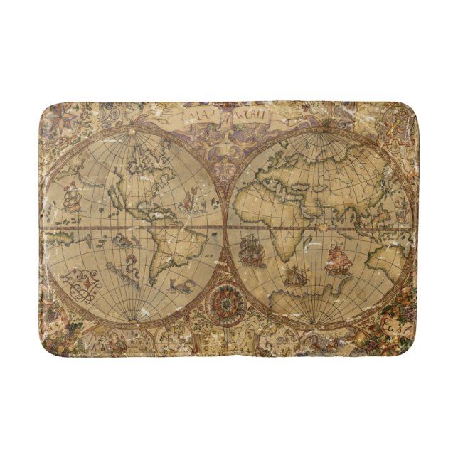 Vintage World Map Bathroom Mat (Front)