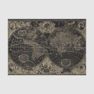 Vintage World Map Black Beige Decoupage Tissue Paper