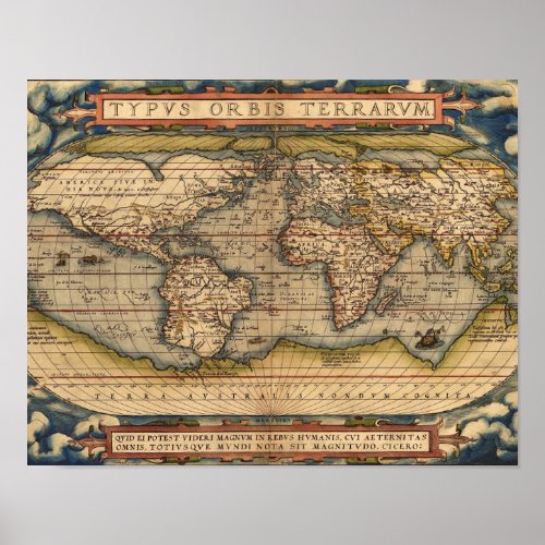 Vintage World Map by Abraham Ortelius 1564 Poster