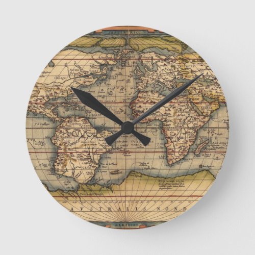 Vintage World Map by Abraham Ortelius 1564 Round Clock
