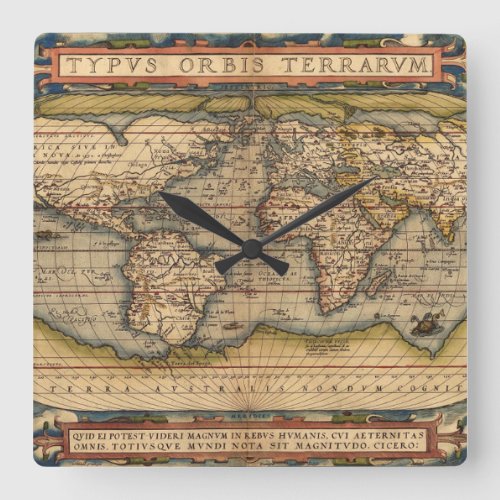Vintage World Map by Abraham Ortelius 1564 Square Wall Clock