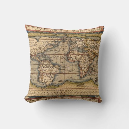 Vintage World Map by Abraham Ortelius 1564 Throw Pillow
