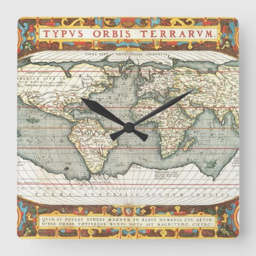 Vintage World Map by Abraham Ortelius 15871595 Square Wall Clock